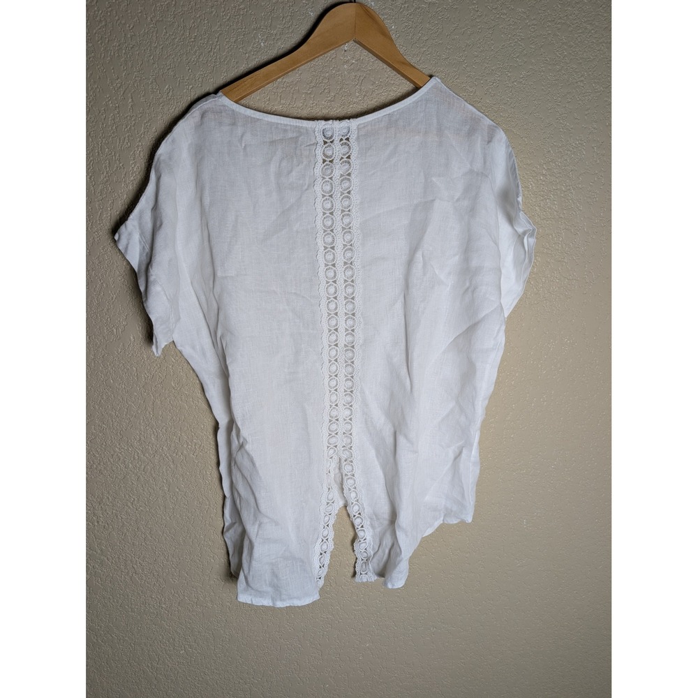 Terzo Millennio White 100% Linen Lace Back Blouse L Made Italy Coastal